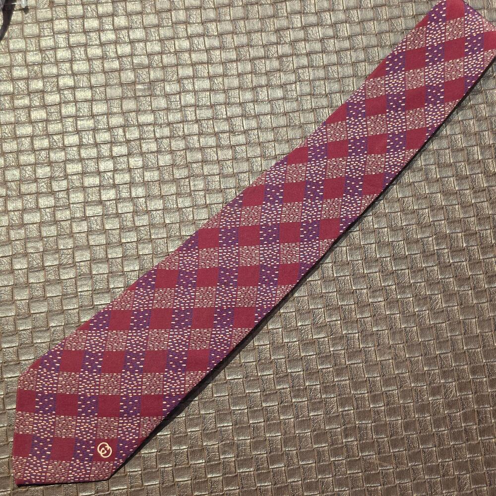 Gucci Tie Mens One Size Red Silk Woven Plaid Check Logo Made Italy Designer
